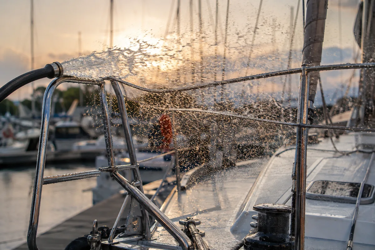 Rinçage à l&rsquo;eau douce d&rsquo;un balcon inox et de chandeliers sur le pont avant d&rsquo;un voilier