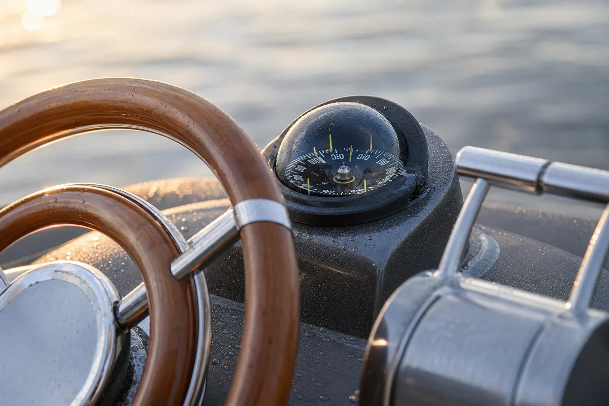Barre en bois et compas de route sur la console d&rsquo;un bateau à moteur au petit matin