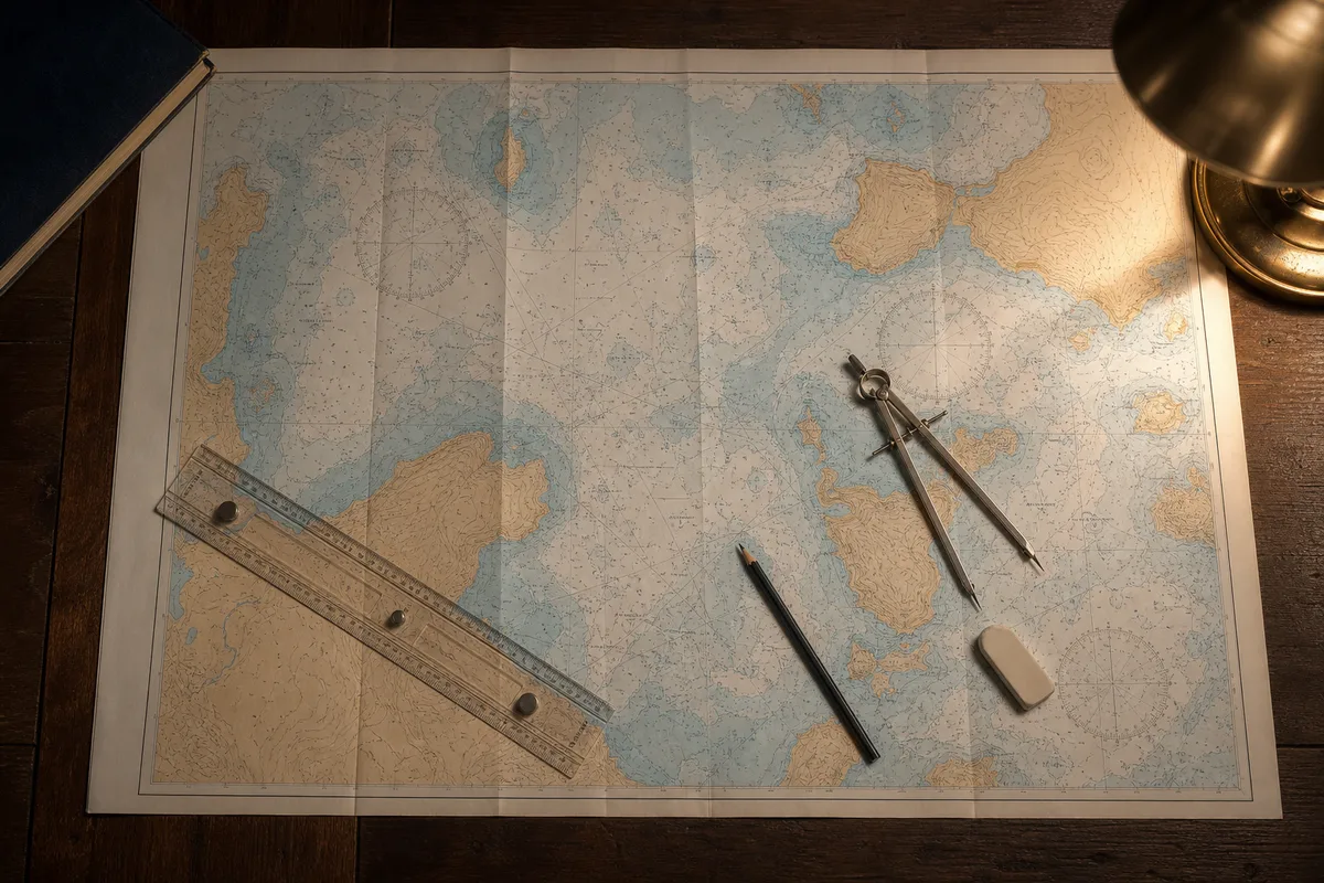 Carte marine papier posée sur une table à cartes avec règle Cras, compas à pointes sèches et crayon