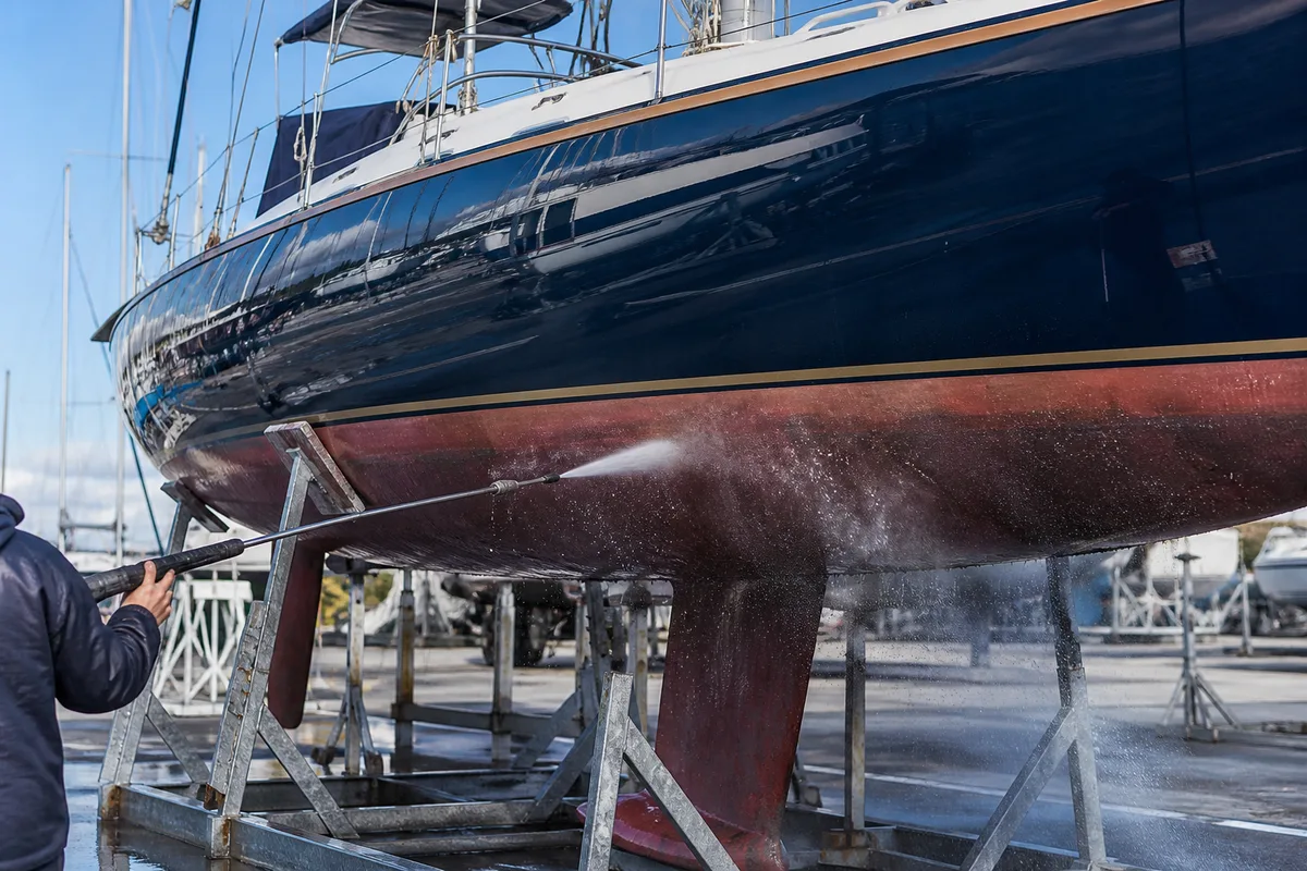 Un voilier monocoque sur ber au chantier, coque nettoyée au karcher avant contrôle de l&rsquo;antifouling