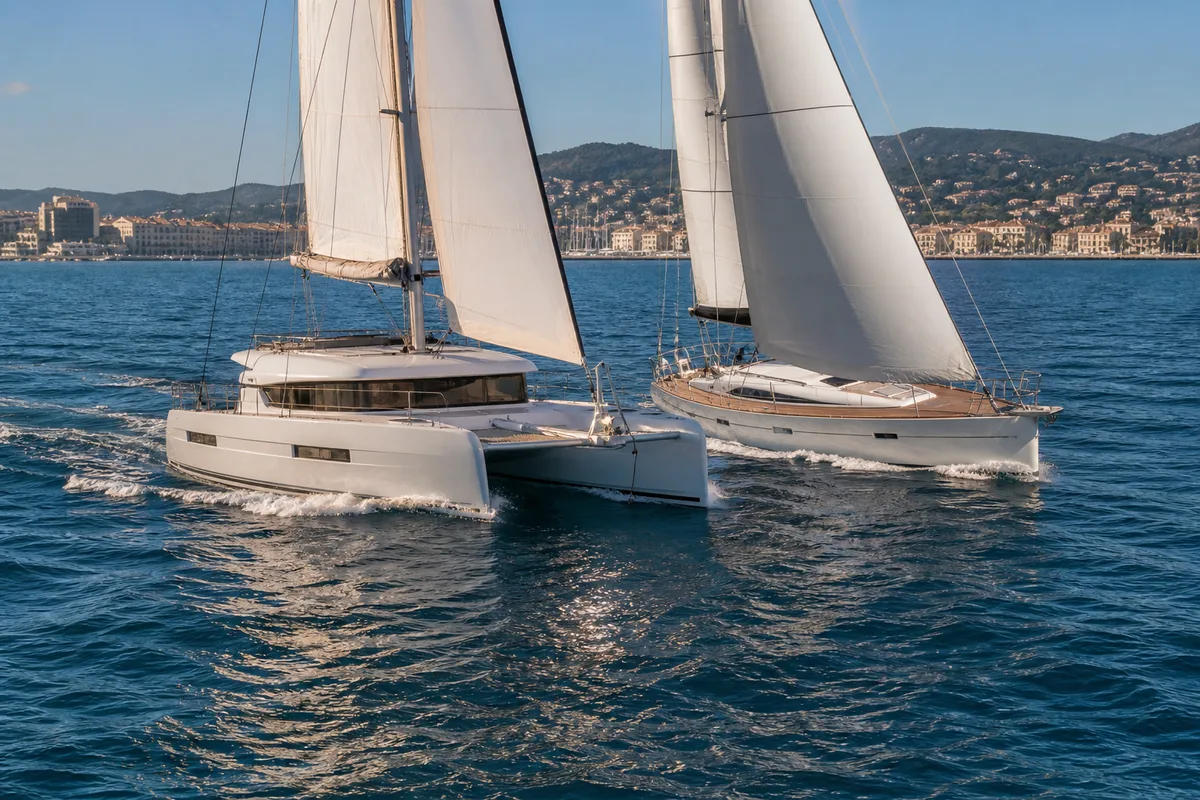 Un catamaran de croisière et un voilier monocoque naviguant côte à côte par vent portant