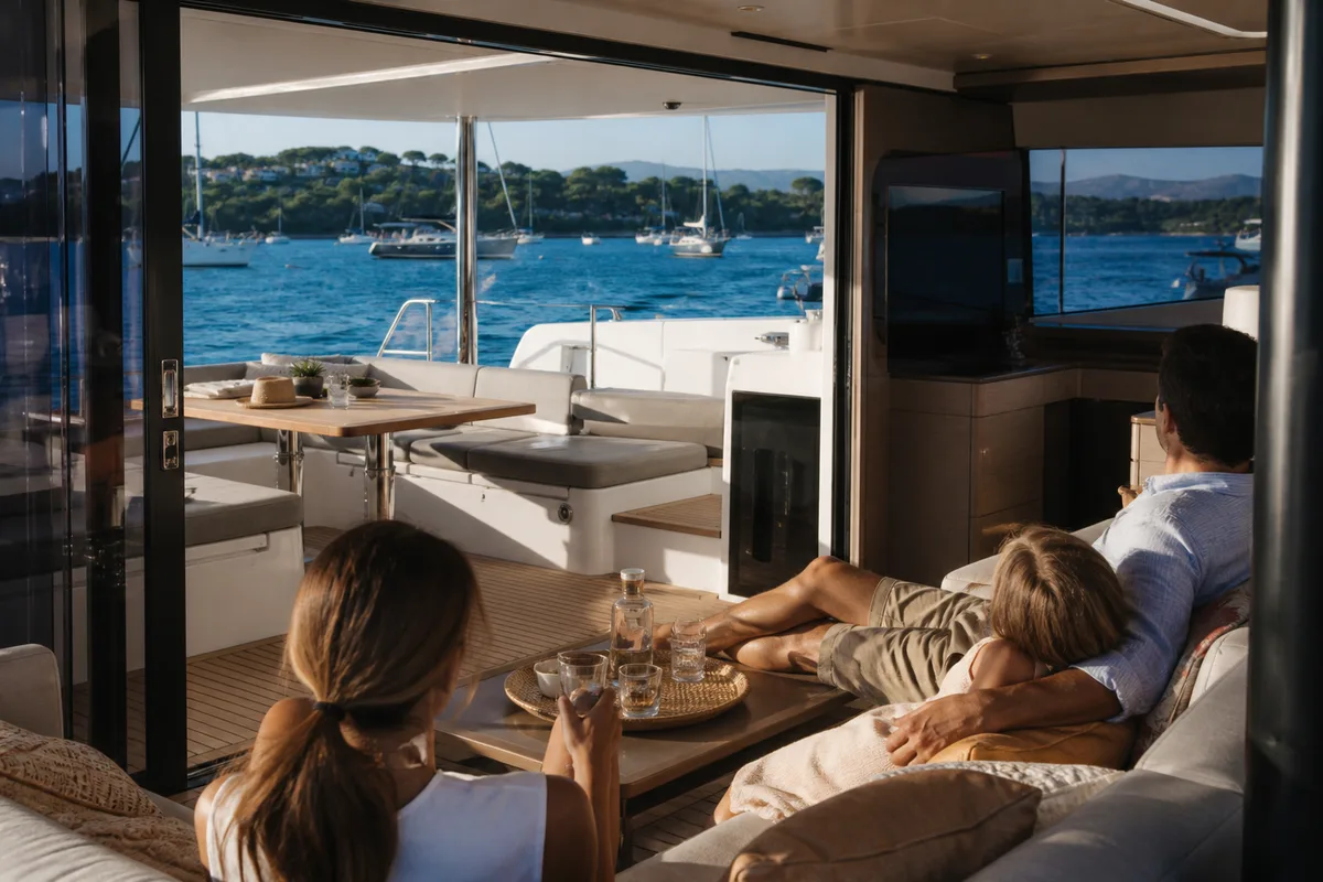 Une famille installée dans le carré de plain-pied d’un catamaran au mouillage, portes coulissantes ouvertes sur le cockpit