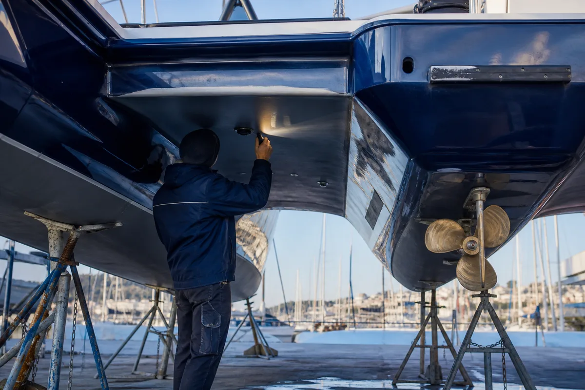 Un technicien inspectant le dessous d&rsquo;une nacelle de catamaran au sec sur ber, lampe torche à la main
