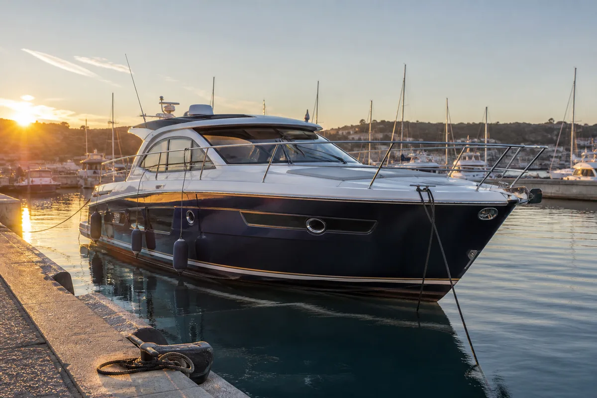 Un motoryacht de douze mètres amarré le long d’un quai de port de plaisance en fin de journée