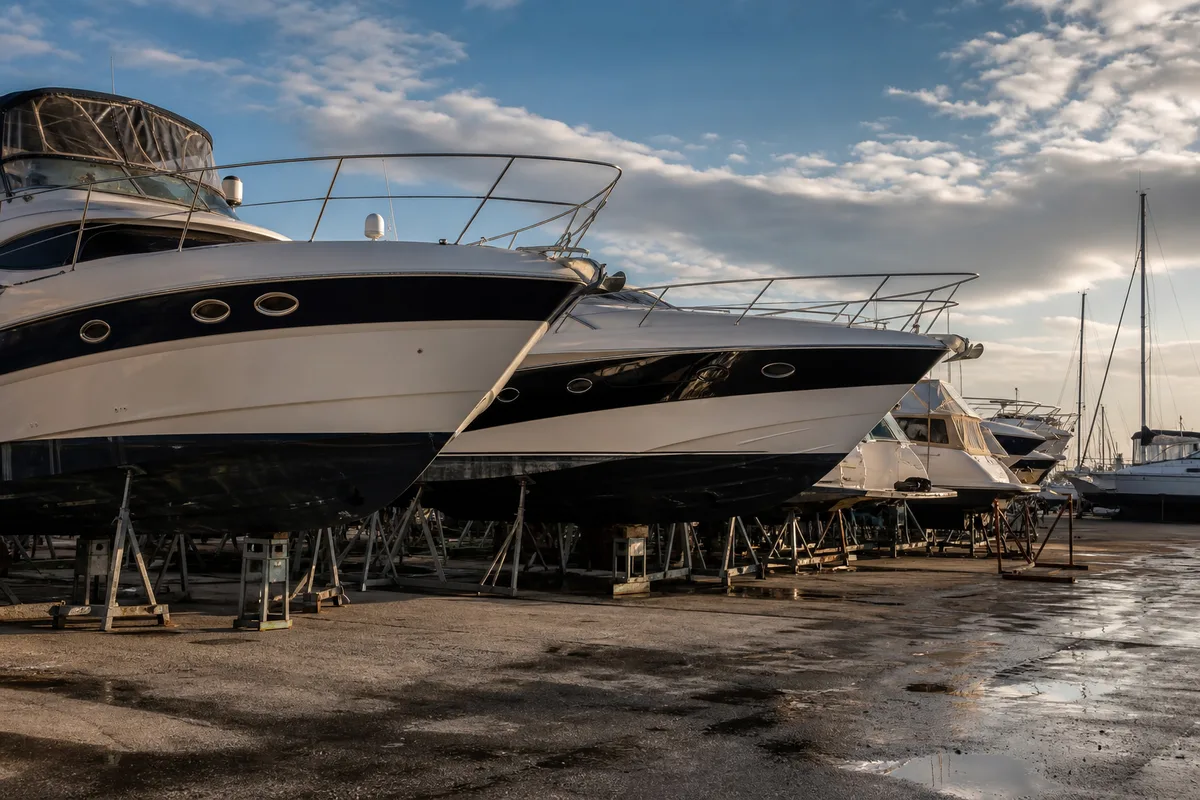 Des vedettes habitables stockées à sec sur bers dans un chantier naval pendant la période hivernale