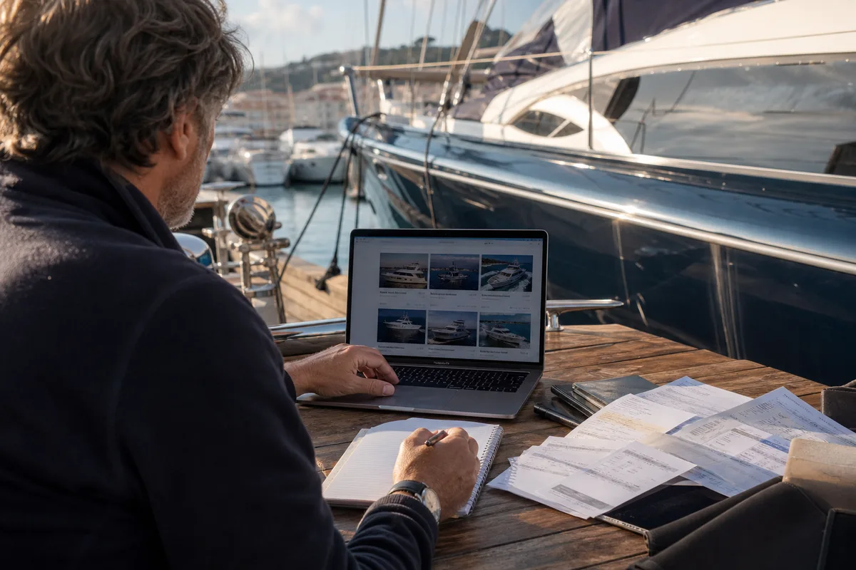 Un propriétaire comparant plusieurs annonces de bateaux sur son ordinateur portable, carnet de notes et factures étalés sur la table