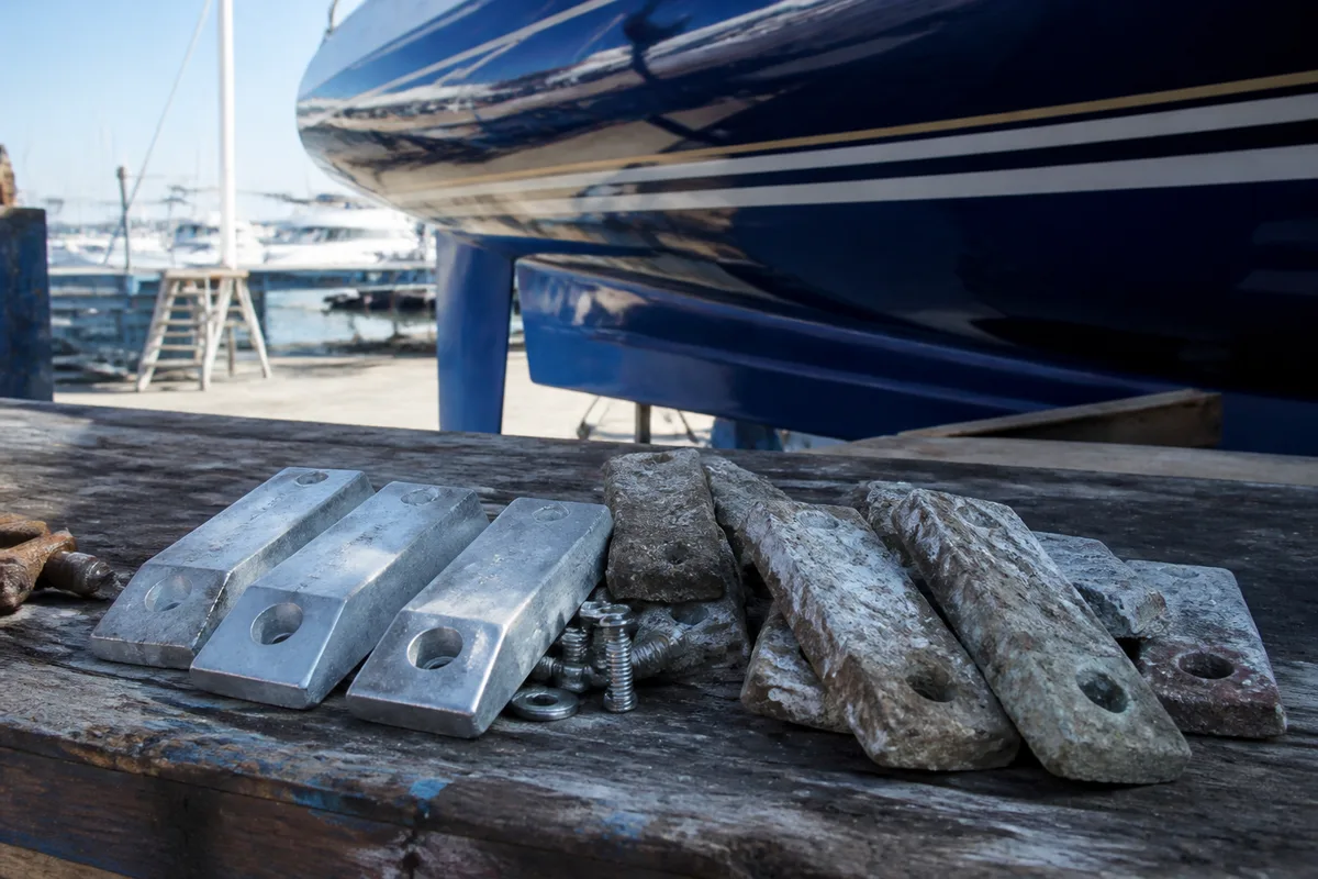 Un jeu d’anodes neuves et d’anodes usées posées côte à côte sur un établi de chantier naval