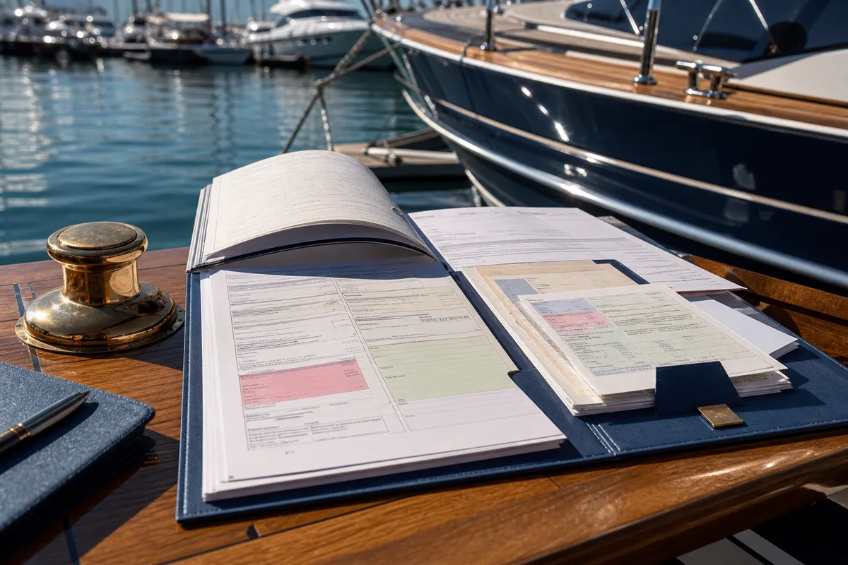 Un dossier de vente ouvert sur une table de carré, acte de vente, factures et documents d’immatriculation